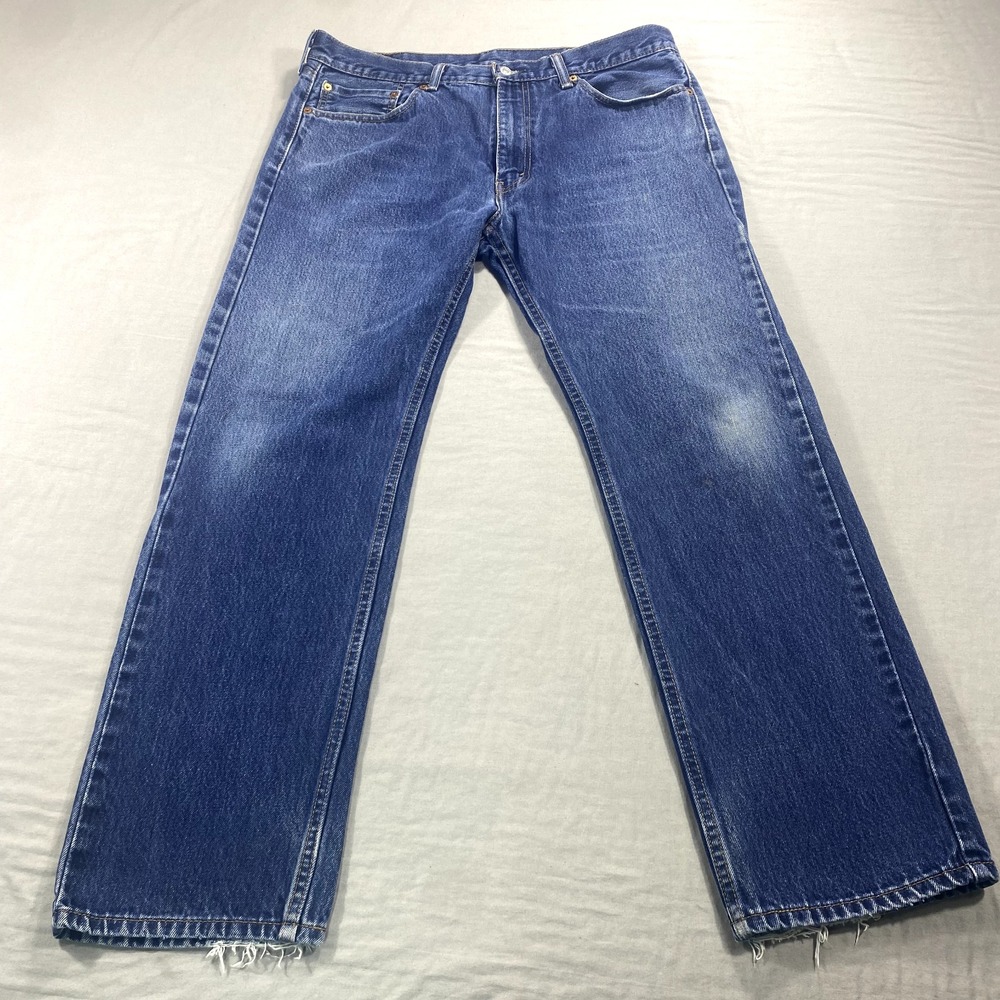 Levis 505 Jeans Mens 38x32 Blue Denim Straight Leg Regular Fit Distressed Pant *